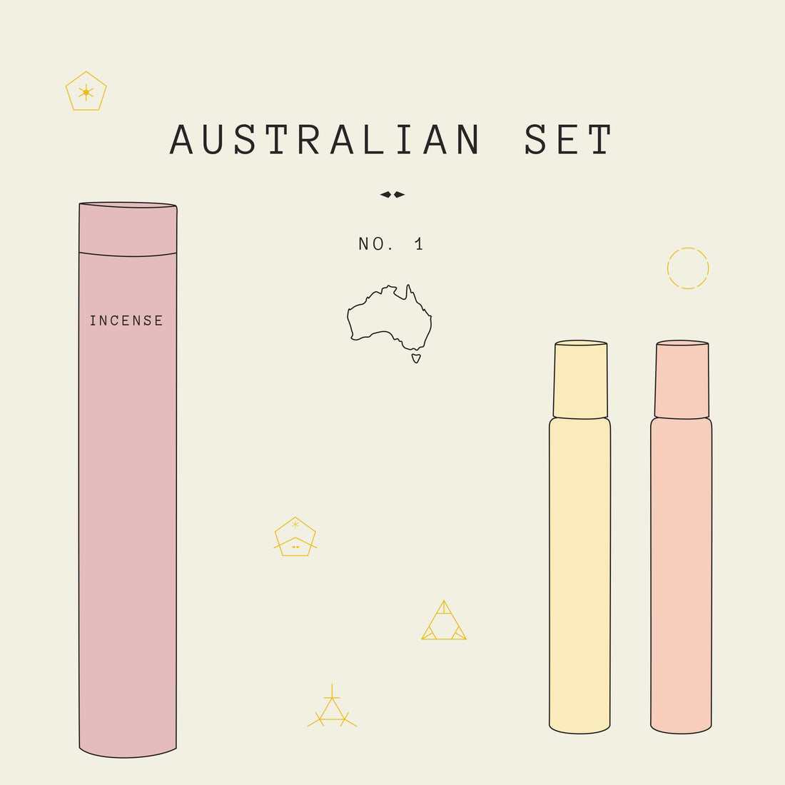 Australian 1 Gift Set is a curation of Australian products that have been inspired by Australian flora.  PRODUCTS INCLUDED:  ・Serene Body Health Red Desert Natural Perfume Roll On, 10ml ・Melis Navitus Spiritus Natural Perfume Roll On, 9ml ・Addition Studio Australian Native Incense  Eucalytpus & Acacia Cylinder 25 pieces
