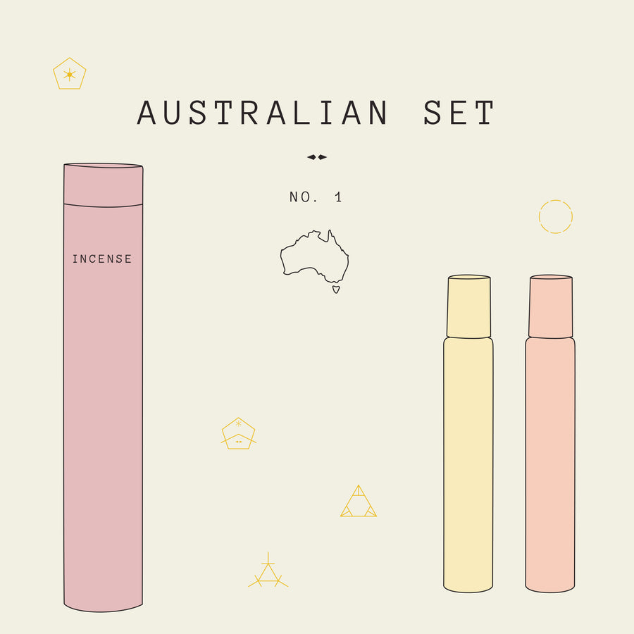 Australian 1 Gift Set is a curation of Australian products that have been inspired by Australian flora.  PRODUCTS INCLUDED:  ・Serene Body Health Red Desert Natural Perfume Roll On, 10ml ・Melis Navitus Spiritus Natural Perfume Roll On, 9ml ・Addition Studio Australian Native Incense  Eucalytpus & Acacia Cylinder 25 pieces