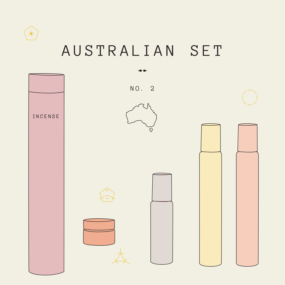 Australian 2 Gift Set includes five of our favourite Australian scented perfume and perfumed products.  PRODUCTS INCLUDED:  ・Serene Body Health Red Desert, 10ml ・Melis Navitus Spiritus Natural Perfume Roll On, 9ml ・Addition Studio Australian Native Incense  Eucalytpus & Acacia Cylinder 25 pieces ・Wyalba Wildflower Natural Perfume Spray, 10ml ・Wyalba Firetree Natural Perfume Balm, 15g