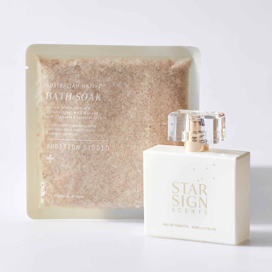 Birthday 1 Gift Set taps into the zodiac – gift your family and friends a scent that has been inspired by the personality traits of their star sign.  PRODUCTS INCLUDED:  ・Addition Studio Native Australian Bath Soak Sachet, 75gm ・StarSign Scent Natural Perfume Spray, 50ml