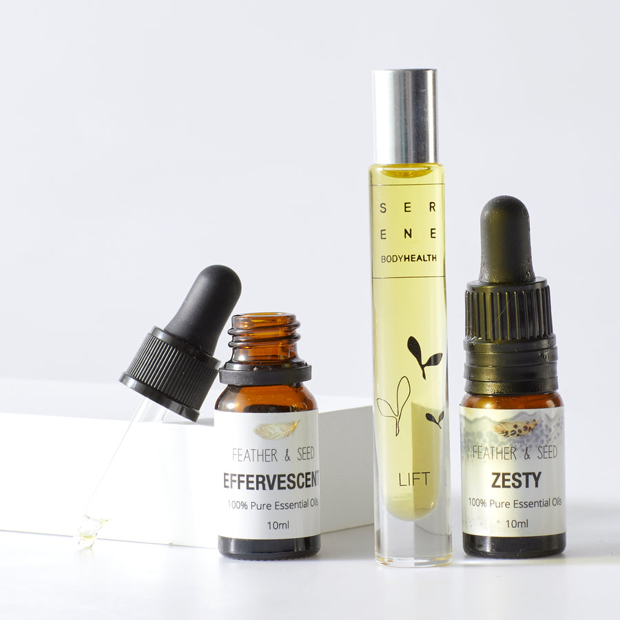 Energising 1 Gift Set is designed to help lift your energy  and your mood. PRODUCTS INCLUDED:  ・Feather & Seed Effervescent Essential Oil, 10ml ・Feather & Seed Zesty Essential Oil, 10ml ・Serene Body Health Lift Natural Perfume Roll On, 10ml