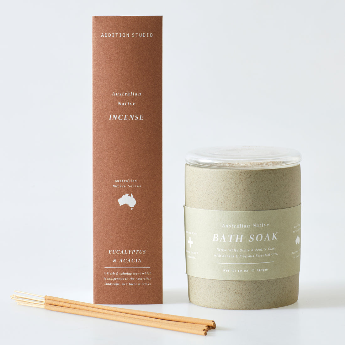 Sensoriam Home Harmony Gift Set no. 1 is curated to help you enjoy  a harmonious home atmosphere and a soothing bath time. PRODUCTS INCLUDED:Addition Studio Native Australian Eucalyptus  & Acacia Incense, 10 pieces and Addition Studio Australian Native Bath Soak Jar, 250gm