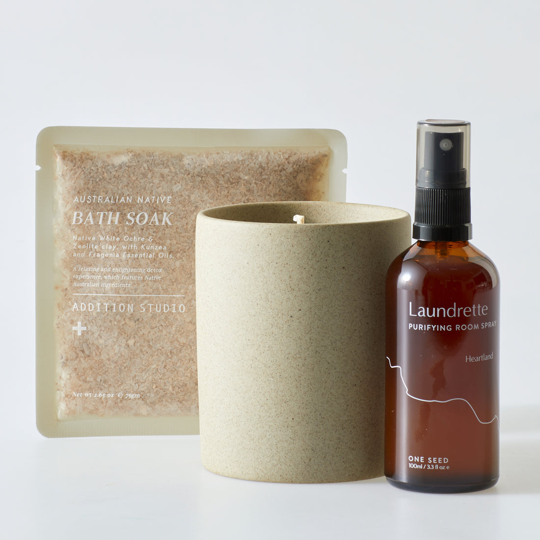 Home Harmony 3 Gift Set is crafted to help purify the air in your favourite spaces, while creating a soothing ambience.  PRODUCTS INCLUDED: ・Addition Studio Australian Native Bath Soak Sachet, 75gm ・Addition Studio Sunflower Galaxy Scented Candle, 285gm ・One Seed Heartland Purifying Room Spray, 100ml