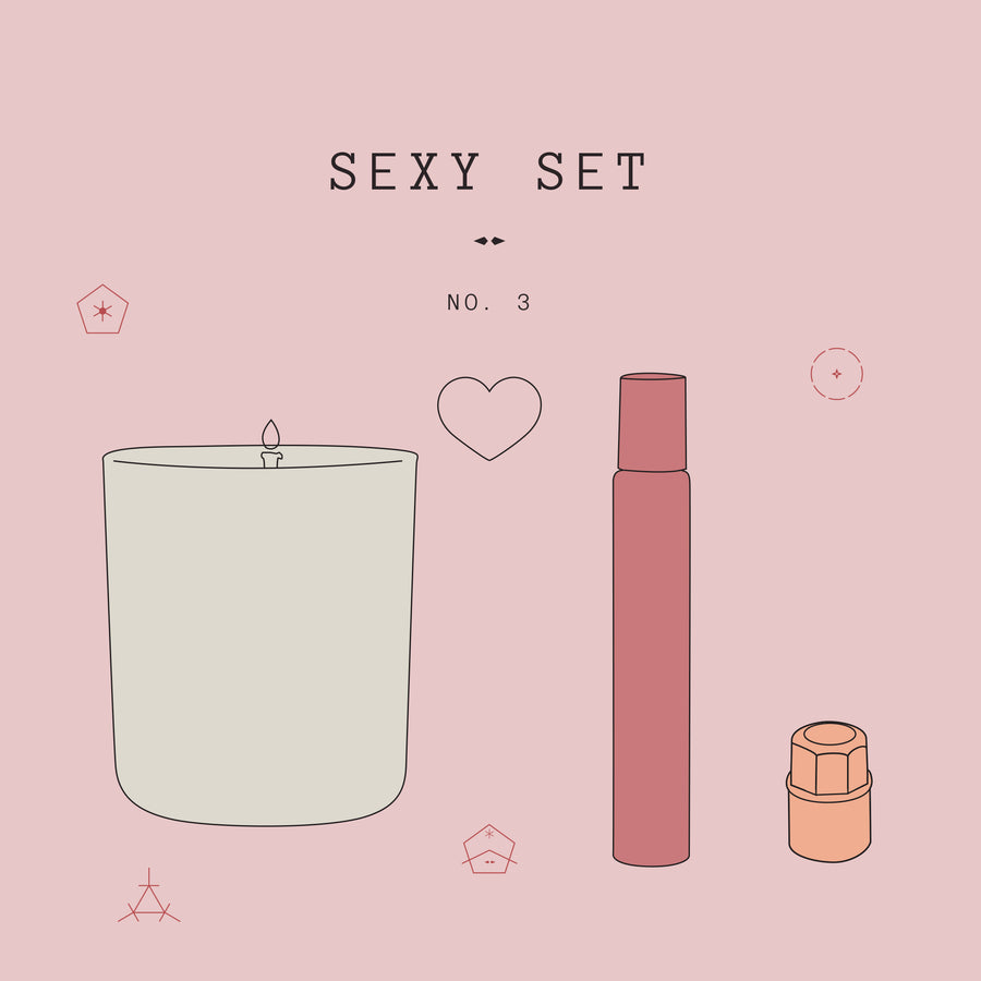 Sexy 3 Gift Set is for the lovers.  PRODUCTS INCLUDED:  > Vahy Ember Haze Candle, 280gm > Sonia Orts no. 3 Natural Perfume, 2ml > One Seed Slow Fire Natural Perfume Roll On, 9ml